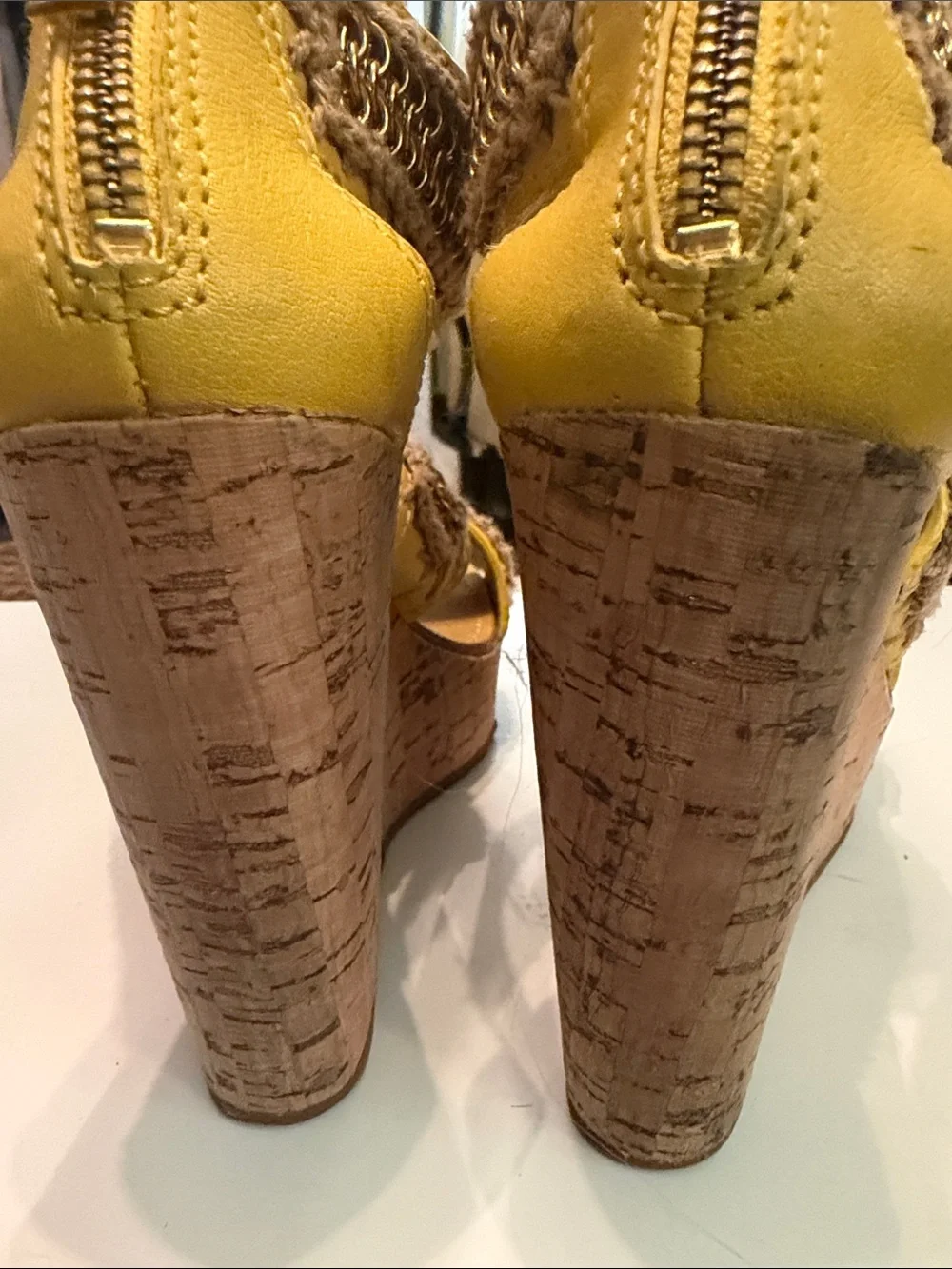 Tory Burch Yellow Wedge Sandals with Jute and Gold Chain Trim